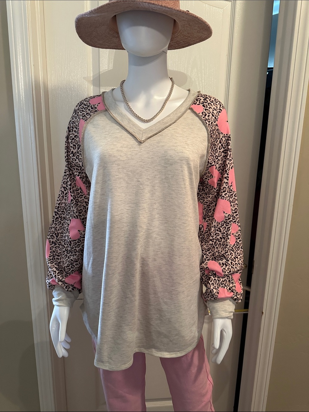 HEIMISH USA Cream V-Neck Top with Pink Leopard Raglan Sleeves